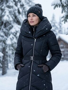 Le Chateau Black Mid-Length Down Puffer Jacket With Oversized Pillow Hood M
